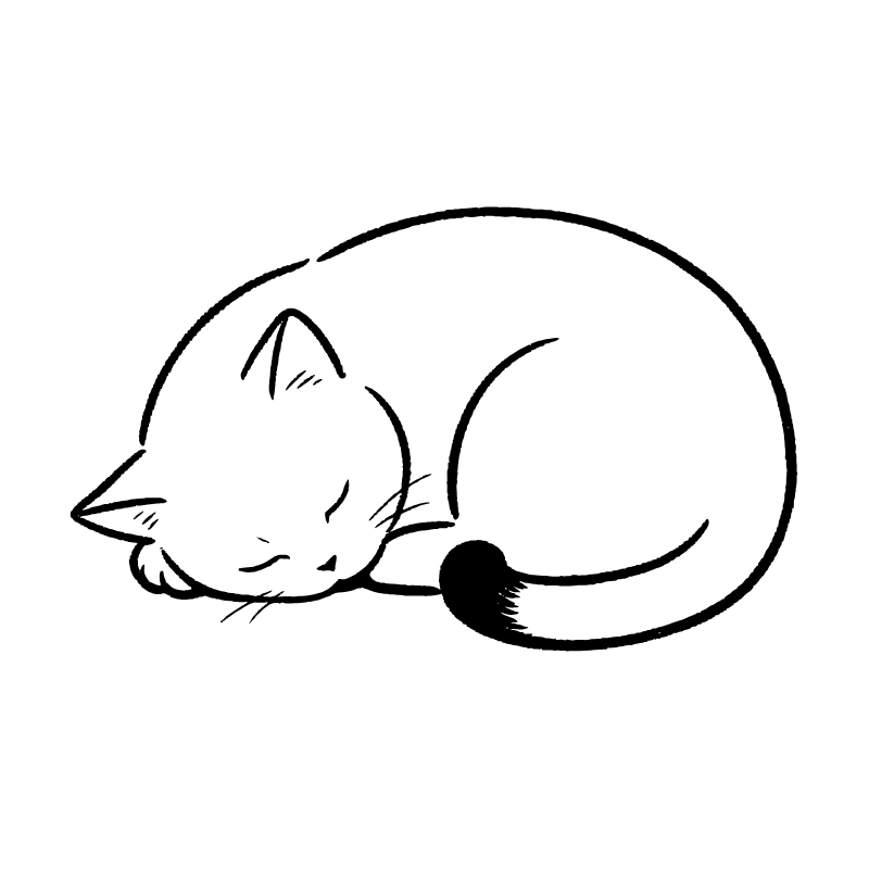 A minimalist single-line ink drawing of a plump cat curled into a tight, peaceful sleeping ball, only the very tip of its tail is solid black, clean and fluid lines, soft and endearing expression, isolated on a crisp white background, manga-inspired illustration, serene and warm atmosphere.