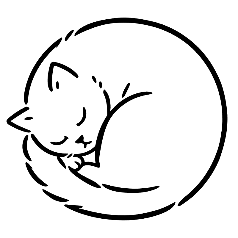 Minimalist line art, a sleeping cat curled up in a perfect circle, thick black brushstrokes, solid white background, vector style, clean lines, no shading, cozy and simple aesthetic.