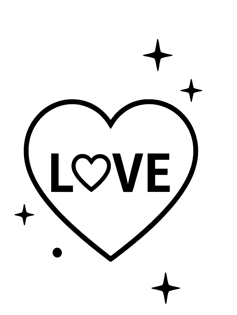 A minimalist black and white line art illustration of a large heart outline. Inside the heart, the word "LOVE" is written in a clean sans-serif font, where the letter "O" is replaced by a small heart symbol. Surrounding the main heart are several simple four-pointed stars and small dots. White background, high contrast, clean bold lines, flat vector style. A minimalist black and white line art illustration of a large heart outline. Inside the heart, the word "LOVE" is written in a clean sans-serif font, where the letter "O" is replaced by a small heart symbol. Surrounding the main heart are several simple four-pointed stars and small dots. White background, high contrast, clean bold lines, flat vector style.